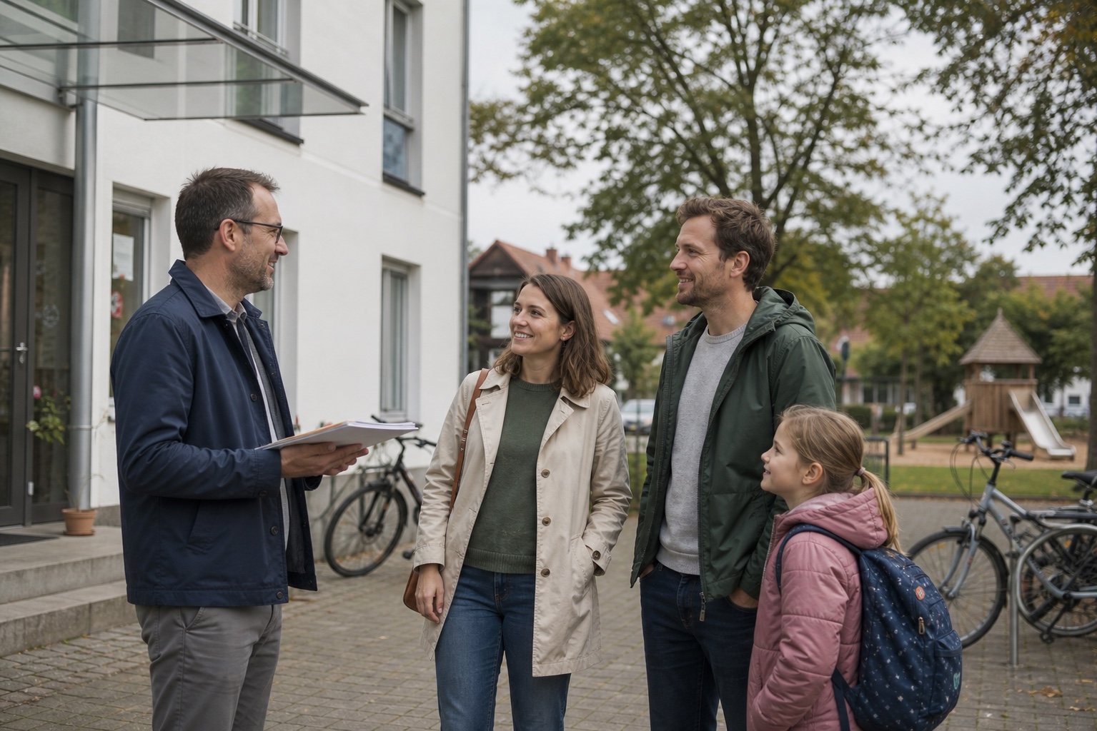 Eine Familie spricht vor einem Gemeindehaus mit einem lokalen Ansprechpartner