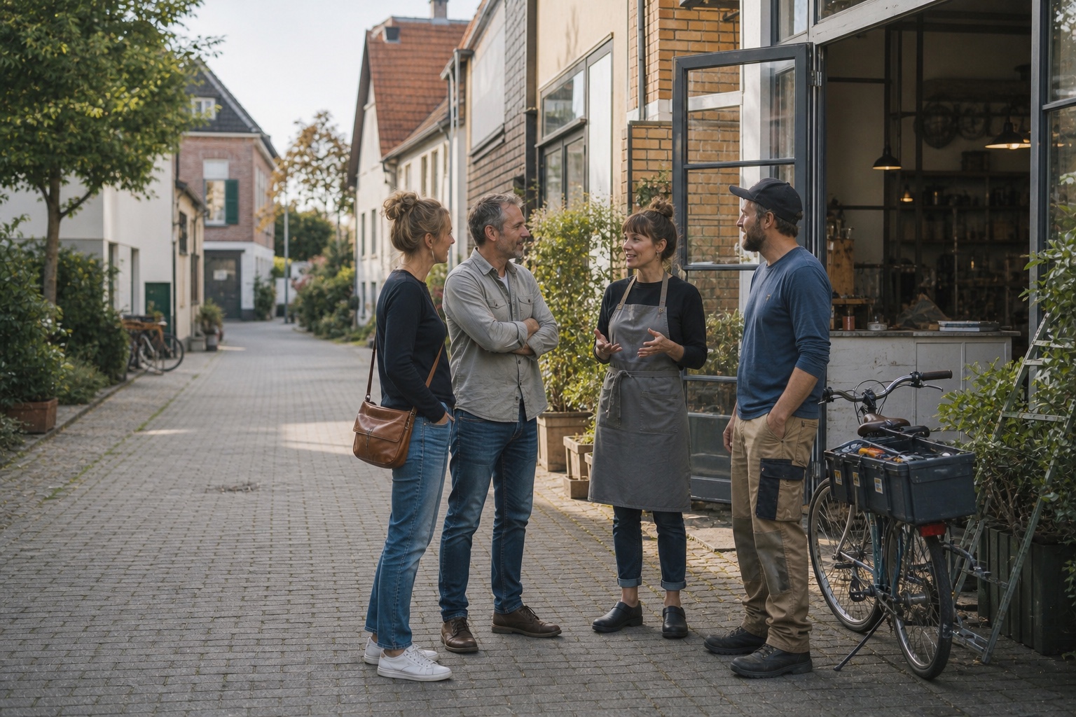Menschen sprechen vor einem lokalen Betrieb über Arbeit vor Ort